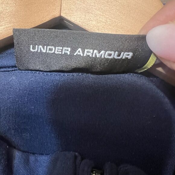 Under Armour Men’s Loose Mock Neck Sweater Size Large 3/4 Zip Ribbed Navy Logo - Picture 8 of 10